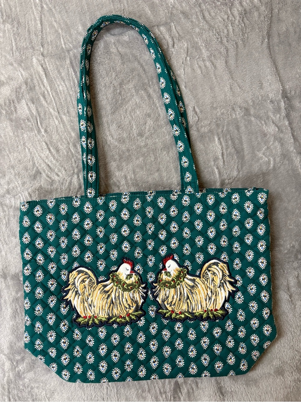 Vera Bradley Green Patterned Tote Bag with Embroidered Roosters
